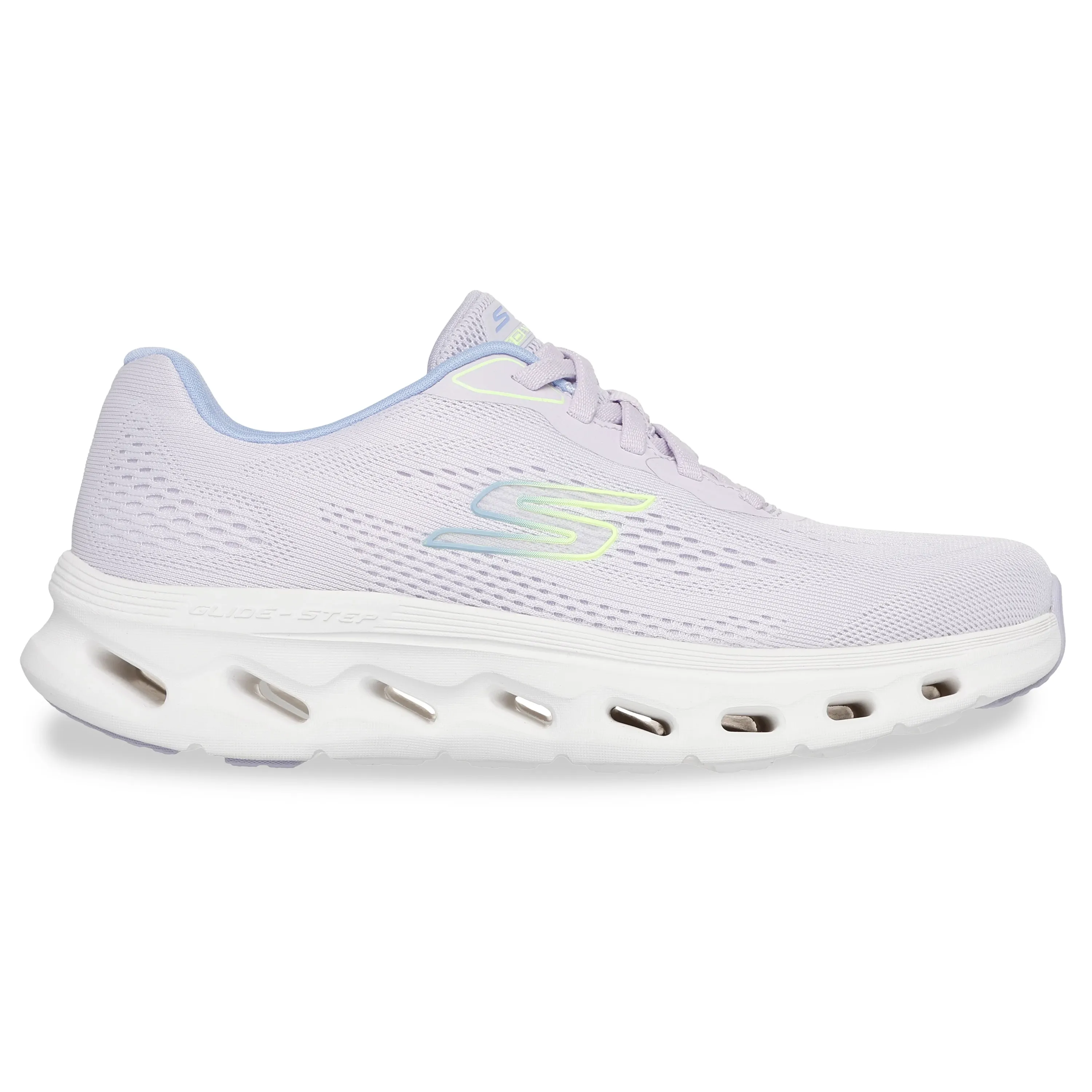 Tênis feminino lilás Skechers Glide Step 2.0 com malha respirável e sola branca com detalhes em EVA